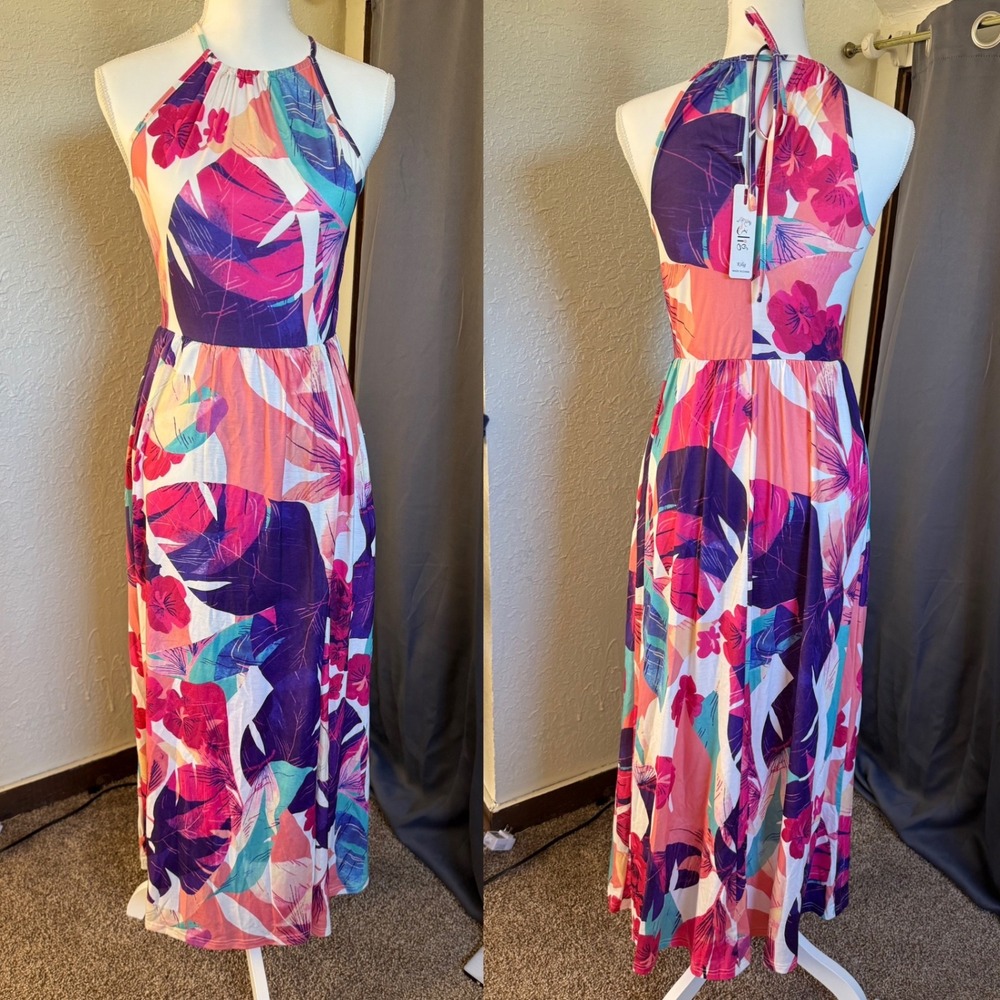 Kilig Womens Tropical Floral Halter Maxi Dress Pink Purple Small NWT